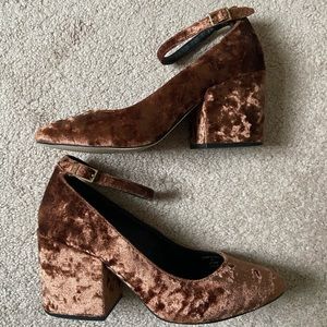ASOS Copper velvet block heel ankle strap pumps